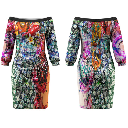 Personalized Greater Western Sydney Giants Family Matching Off The Shoulder Long Sleeve Dress and Hawaiian Shirt Tropical Hibiscus Flowers - Pacific Fusion Style