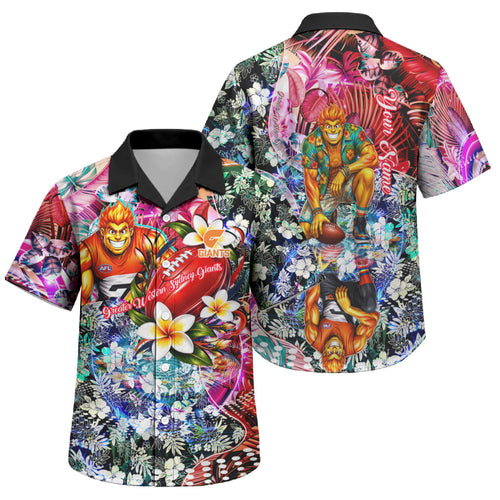 Personalized Greater Western Sydney Giants Family Matching Off The Shoulder Long Sleeve Dress and Hawaiian Shirt Tropical Hibiscus Flowers - Pacific Fusion Style