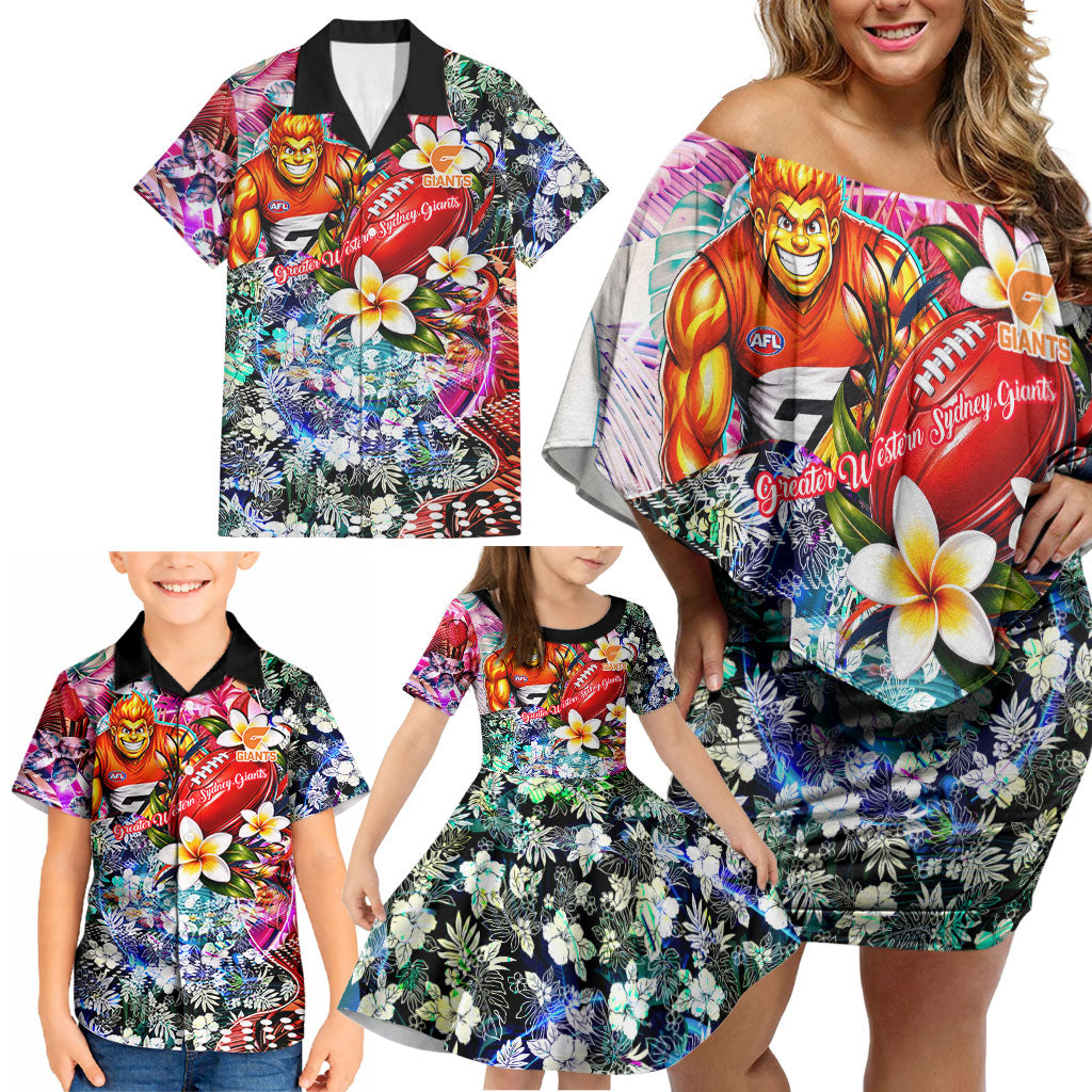 Personalized Greater Western Sydney Giants Family Matching Off Shoulder Short Dress and Hawaiian Shirt Tropical Hibiscus Flowers - Pacific Fusion Style