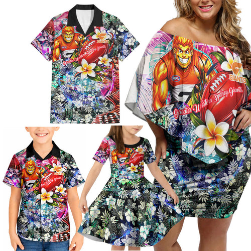 Personalized Greater Western Sydney Giants Family Matching Off Shoulder Short Dress and Hawaiian Shirt Tropical Hibiscus Flowers - Pacific Fusion Style