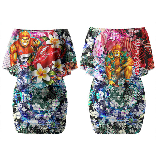 Personalized Greater Western Sydney Giants Family Matching Off Shoulder Short Dress and Hawaiian Shirt Tropical Hibiscus Flowers - Pacific Fusion Style