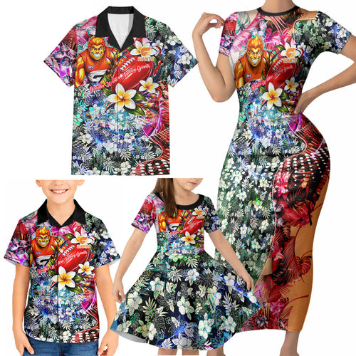 Personalized Greater Western Sydney Giants Family Matching Short Sleeve Bodycon Dress and Hawaiian Shirt Tropical Hibiscus Flowers - Pacific Fusion Style