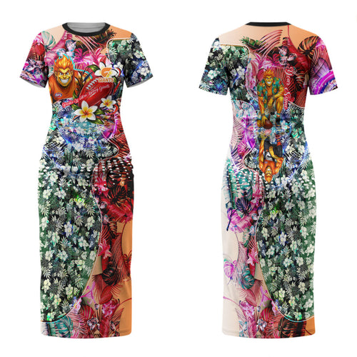 Personalized Greater Western Sydney Giants Family Matching Short Sleeve Bodycon Dress and Hawaiian Shirt Tropical Hibiscus Flowers - Pacific Fusion Style
