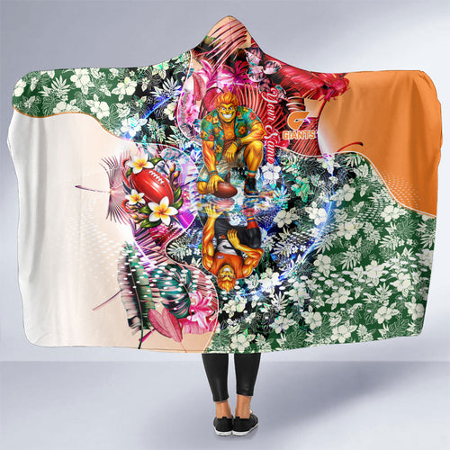Personalized Greater Western Sydney Giants Hooded Blanket Tropical Hibiscus Flowers - Pacific Fusion Style