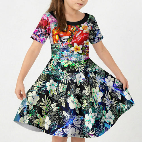 Personalized Greater Western Sydney Giants Kid Short Sleeve Dress Tropical Hibiscus Flowers - Pacific Fusion Style
