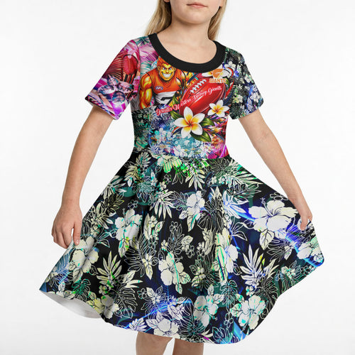 Personalized Greater Western Sydney Giants Kid Short Sleeve Dress Tropical Hibiscus Flowers - Pacific Fusion Style