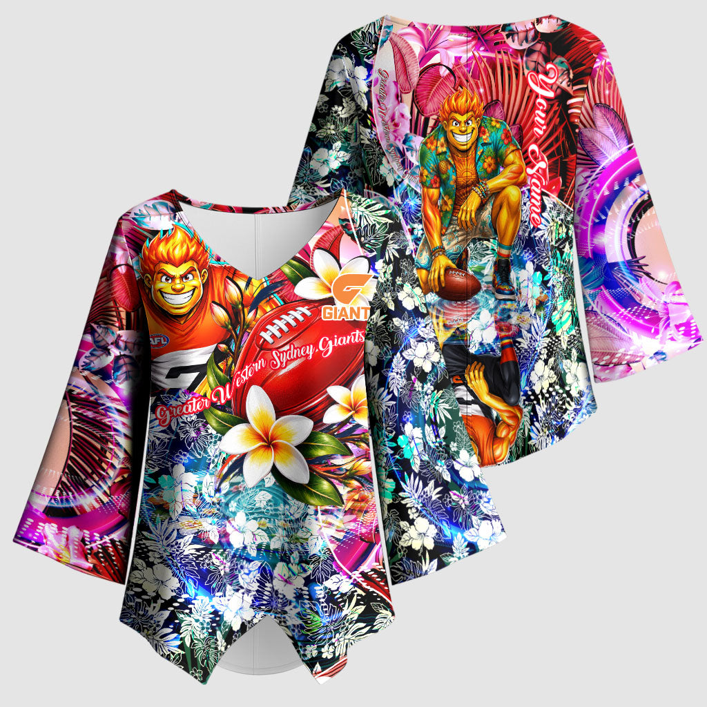 Personalized Greater Western Sydney Giants Kimono Sleeve Blouse Tropical Hibiscus Flowers - Pacific Fusion Style