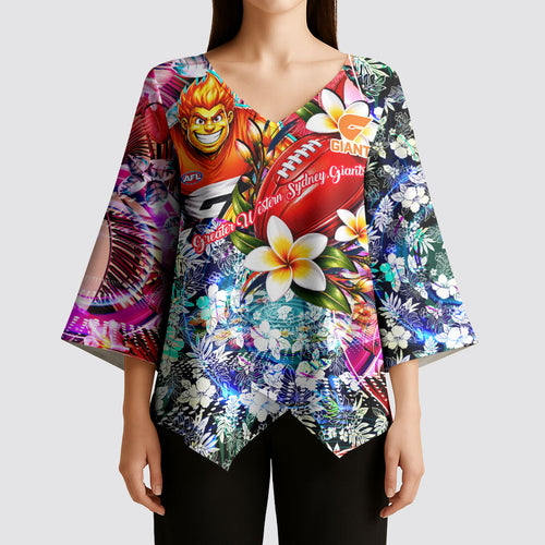 Personalized Greater Western Sydney Giants Kimono Sleeve Blouse Tropical Hibiscus Flowers - Pacific Fusion Style