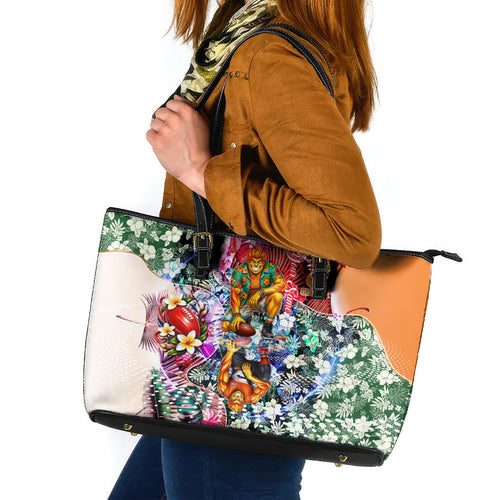 Personalized Greater Western Sydney Giants Leather Tote Bag Tropical Hibiscus Flowers - Pacific Fusion Style