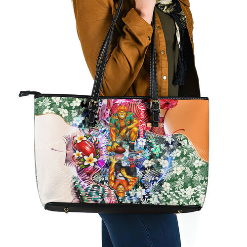 Personalized Greater Western Sydney Giants Leather Tote Bag Tropical Hibiscus Flowers - Pacific Fusion Style