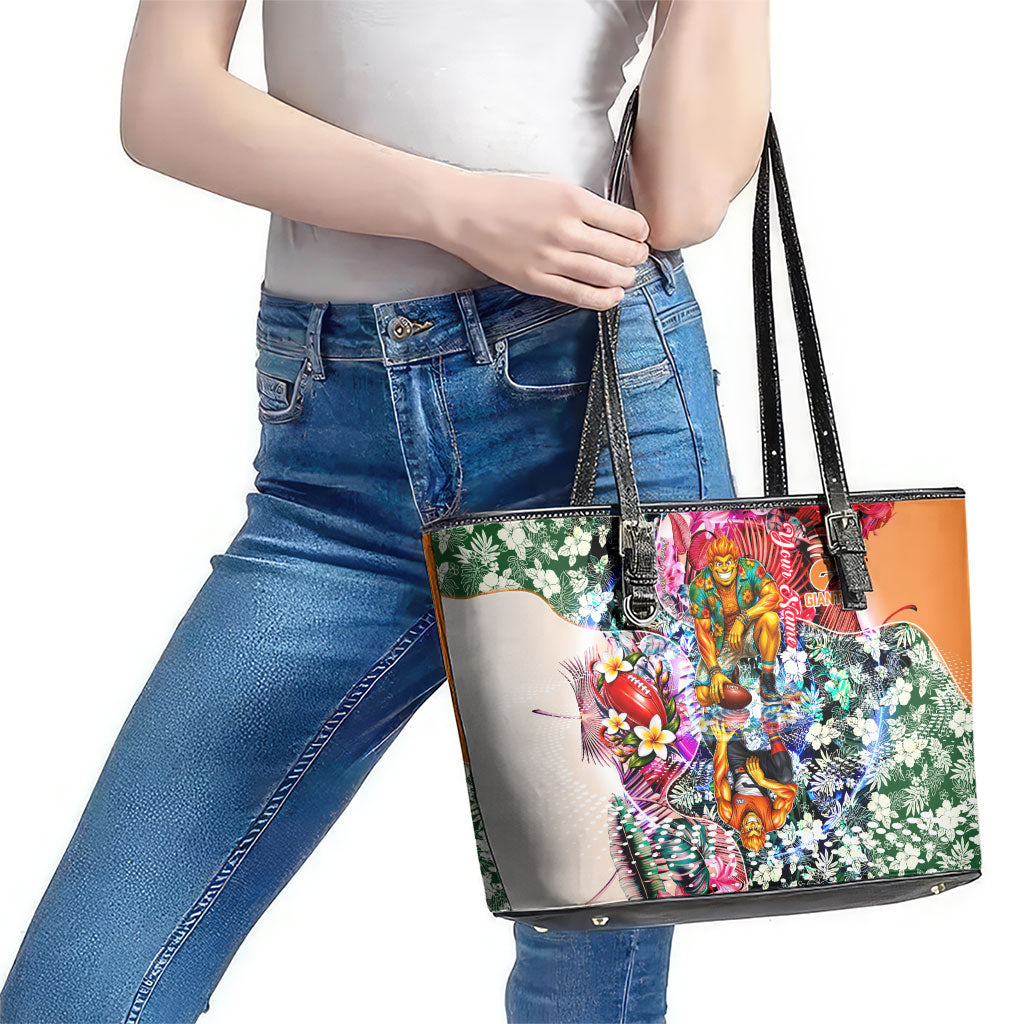 Personalized Greater Western Sydney Giants Leather Tote Bag Tropical Hibiscus Flowers - Pacific Fusion Style
