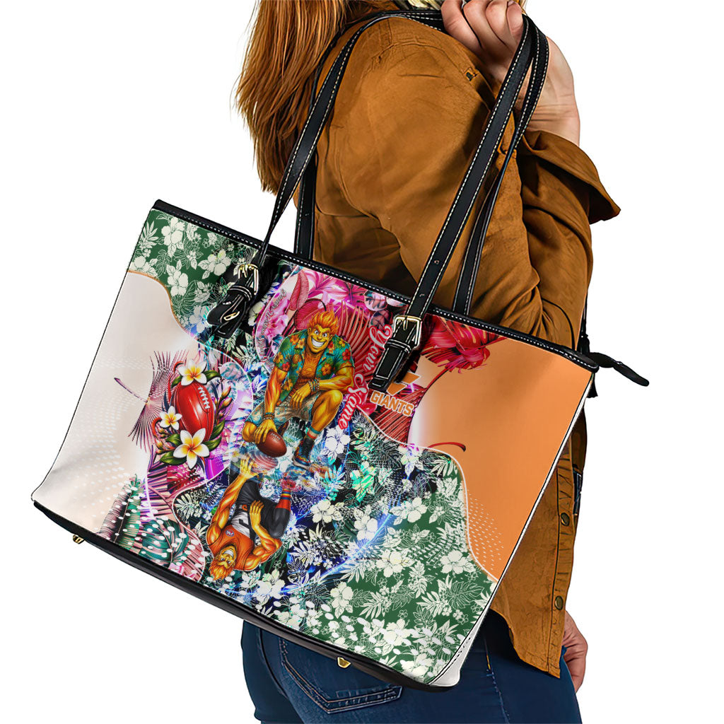 Personalized Greater Western Sydney Giants Leather Tote Bag Tropical Hibiscus Flowers - Pacific Fusion Style