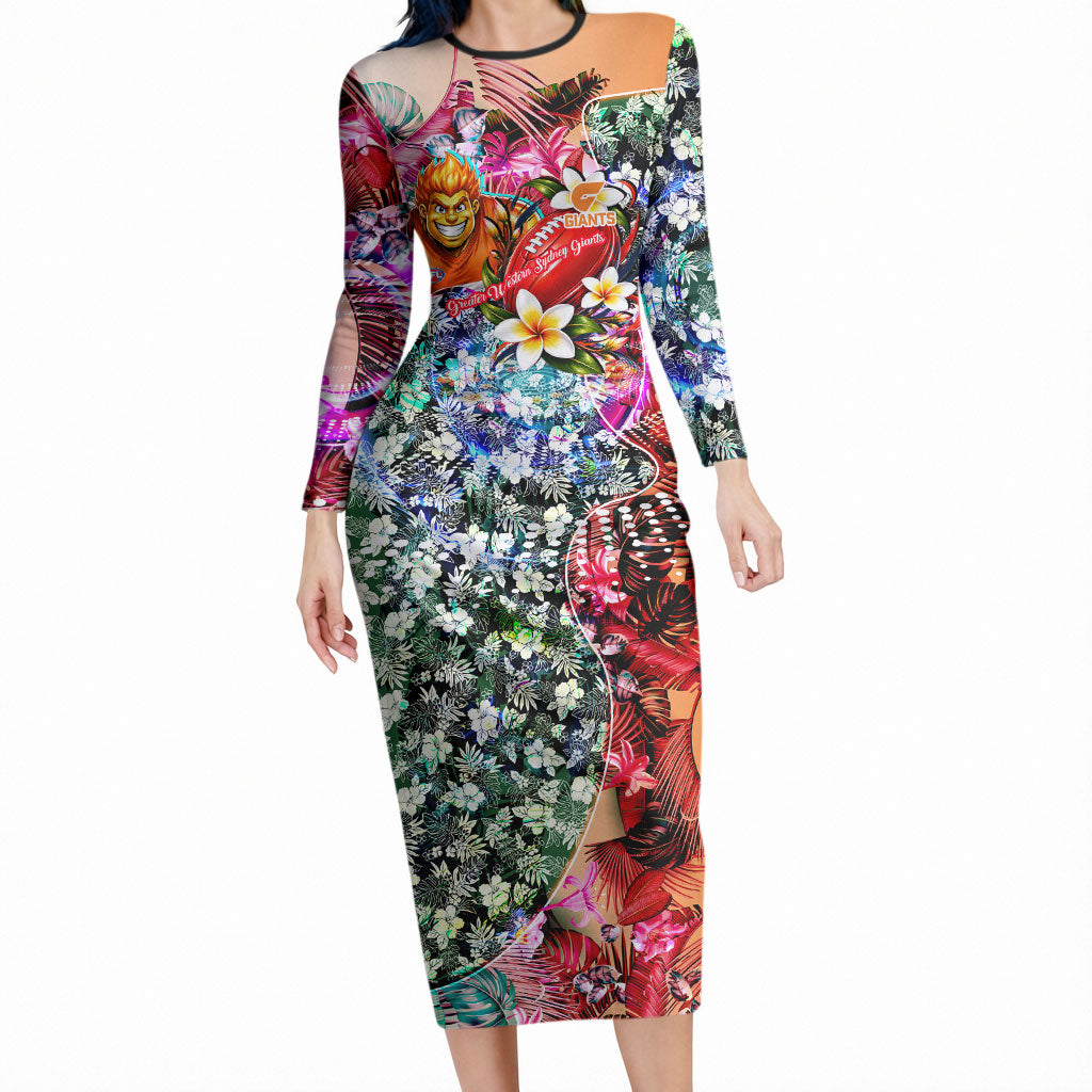 Personalized Greater Western Sydney Giants Long Sleeve Bodycon Dress Tropical Hibiscus Flowers - Pacific Fusion Style