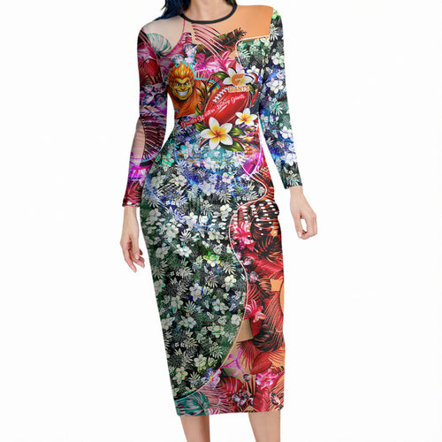 Personalized Greater Western Sydney Giants Long Sleeve Bodycon Dress Tropical Hibiscus Flowers - Pacific Fusion Style