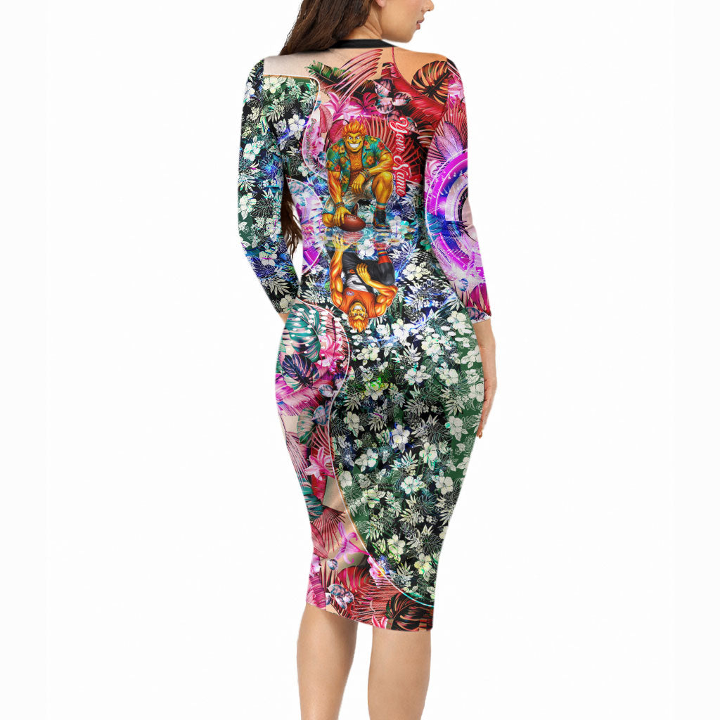 Personalized Greater Western Sydney Giants Long Sleeve Bodycon Dress Tropical Hibiscus Flowers - Pacific Fusion Style