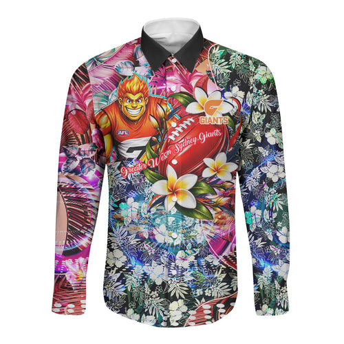 Personalized Greater Western Sydney Giants Long Sleeve Button Shirt Tropical Hibiscus Flowers - Pacific Fusion Style