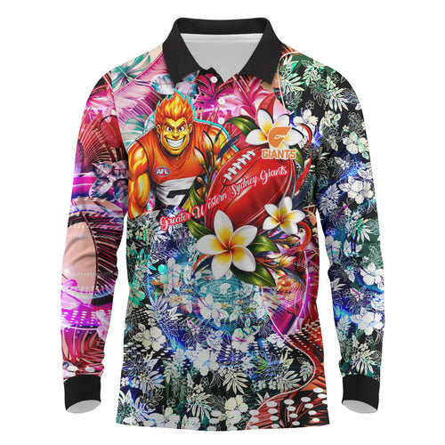 Personalized Greater Western Sydney Giants Long Sleeve Polo Shirt Tropical Hibiscus Flowers - Pacific Fusion Style