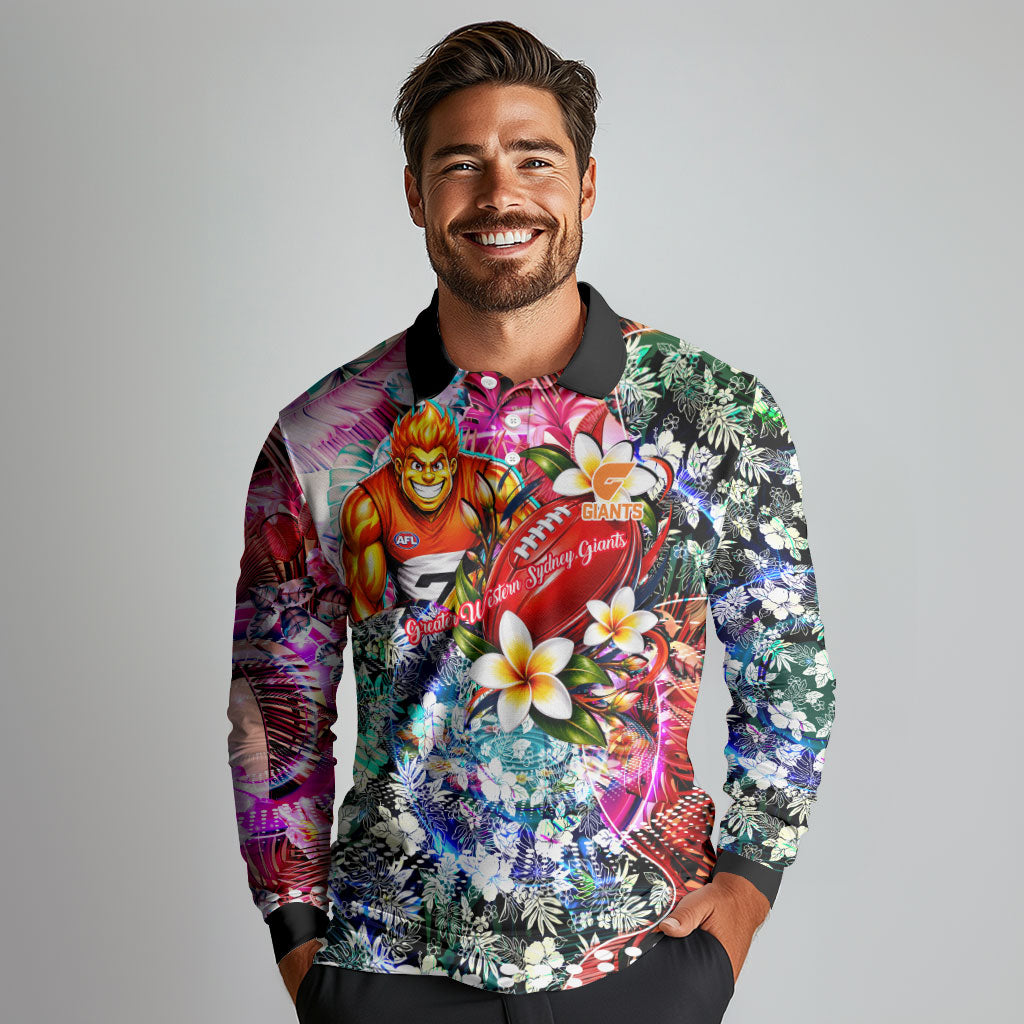 Personalized Greater Western Sydney Giants Long Sleeve Polo Shirt Tropical Hibiscus Flowers - Pacific Fusion Style