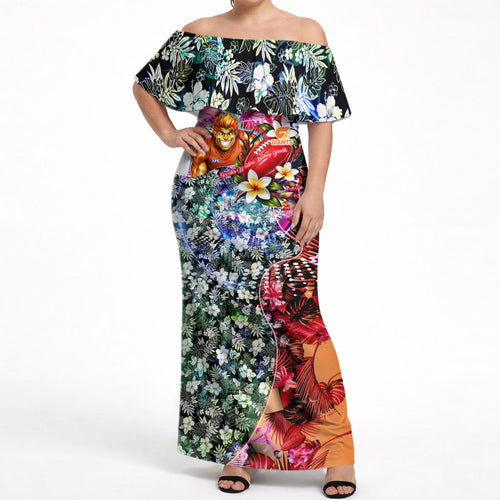 Personalized Greater Western Sydney Giants Off Shoulder Maxi Dress Tropical Hibiscus Flowers - Pacific Fusion Style