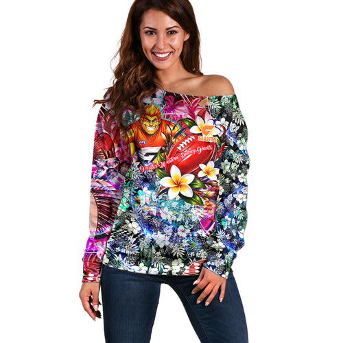 Personalized Greater Western Sydney Giants Off Shoulder Sweater Tropical Hibiscus Flowers - Pacific Fusion Style