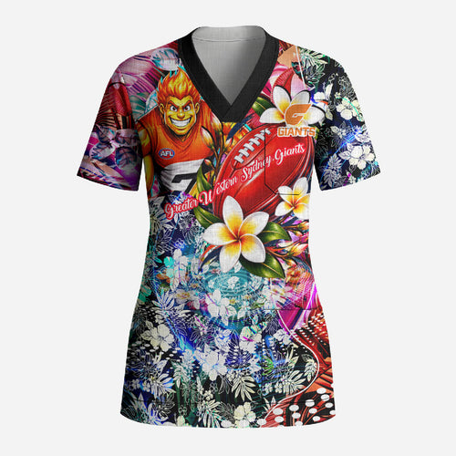 Personalized Greater Western Sydney Giants Scrub Top Tropical Hibiscus Flowers - Pacific Fusion Style