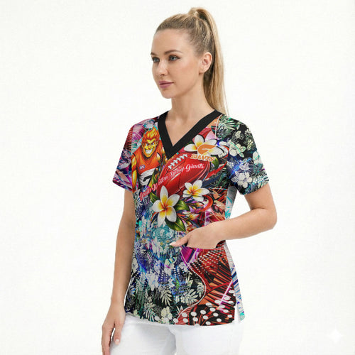 Personalized Greater Western Sydney Giants Scrub Top Tropical Hibiscus Flowers - Pacific Fusion Style