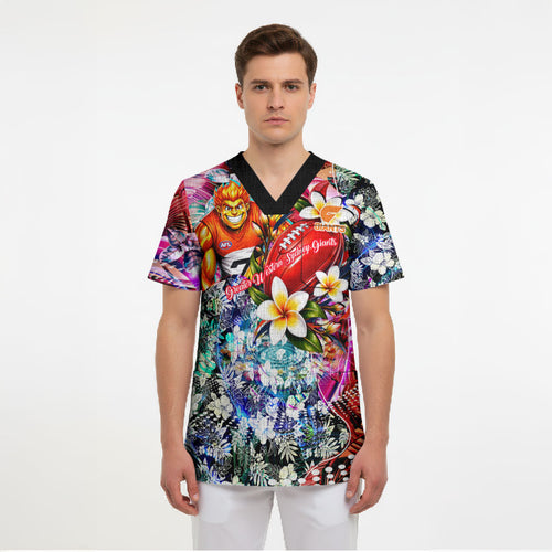 Personalized Greater Western Sydney Giants Scrub Top Tropical Hibiscus Flowers - Pacific Fusion Style