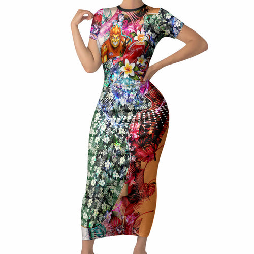 Personalized Greater Western Sydney Giants Short Sleeve Bodycon Dress Tropical Hibiscus Flowers - Pacific Fusion Style