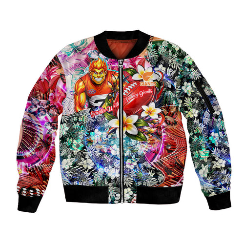 Personalized Greater Western Sydney Giants Sleeve Zip Bomber Jacket Tropical Hibiscus Flowers - Pacific Fusion Style