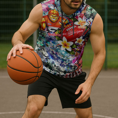 Personalized Greater Western Sydney Giants Sleeveless Hoodie Tropical Hibiscus Flowers - Pacific Fusion Style