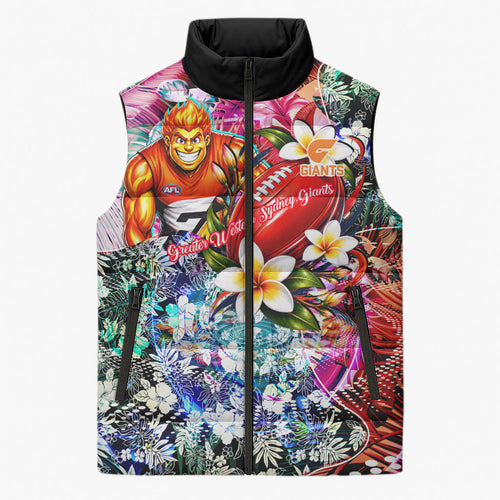 Personalized Greater Western Sydney Giants Sleeveless Puffer Jacket Tropical Hibiscus Flowers - Pacific Fusion Style