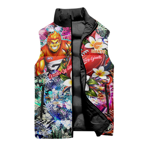 Personalized Greater Western Sydney Giants Sleeveless Puffer Jacket Tropical Hibiscus Flowers - Pacific Fusion Style