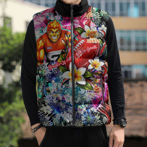 Personalized Greater Western Sydney Giants Sleeveless Puffer Jacket Tropical Hibiscus Flowers - Pacific Fusion Style