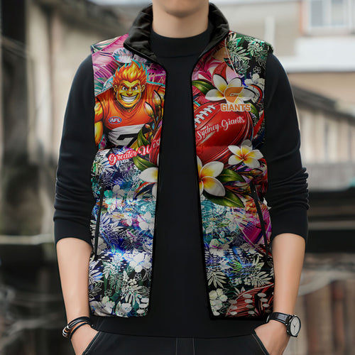 Personalized Greater Western Sydney Giants Sleeveless Puffer Jacket Tropical Hibiscus Flowers - Pacific Fusion Style