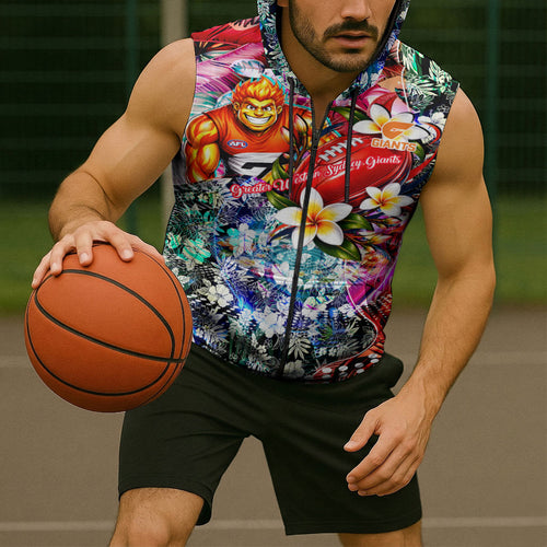 Personalized Greater Western Sydney Giants Sleeveless Zip Hoodie Tropical Hibiscus Flowers - Pacific Fusion Style