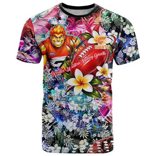 Personalized Greater Western Sydney Giants T Shirt Tropical Hibiscus Flowers - Pacific Fusion Style