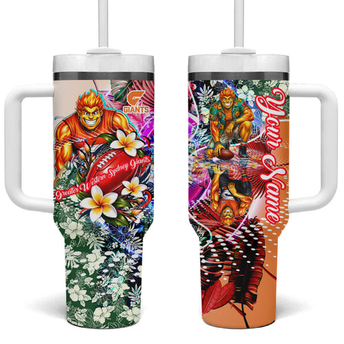 Personalized Greater Western Sydney Giants Tumbler With Handle Tropical Hibiscus Flowers - Pacific Fusion Style