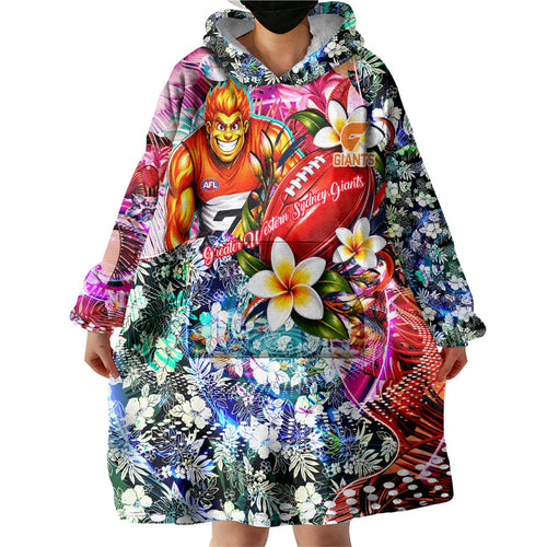 Personalized Greater Western Sydney Giants Wearable Blanket Hoodie Tropical Hibiscus Flowers - Pacific Fusion Style