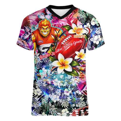 Personalized Greater Western Sydney Giants Women V-Neck T-Shirt Tropical Hibiscus Flowers - Pacific Fusion Style