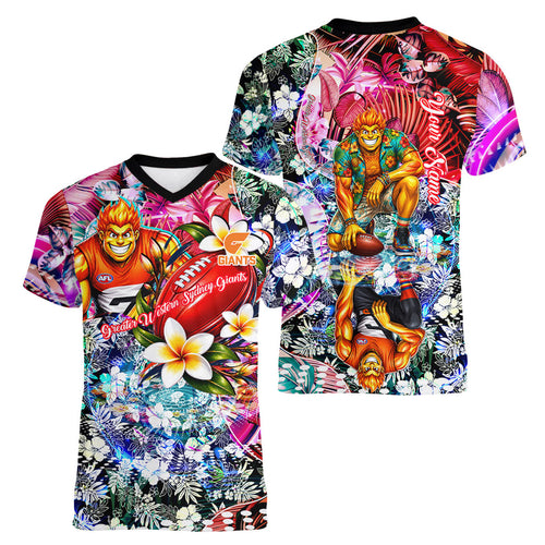 Personalized Greater Western Sydney Giants Women V-Neck T-Shirt Tropical Hibiscus Flowers - Pacific Fusion Style