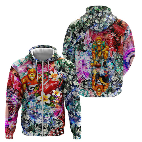 Personalized Greater Western Sydney Giants Zip Hoodie Tropical Hibiscus Flowers - Pacific Fusion Style