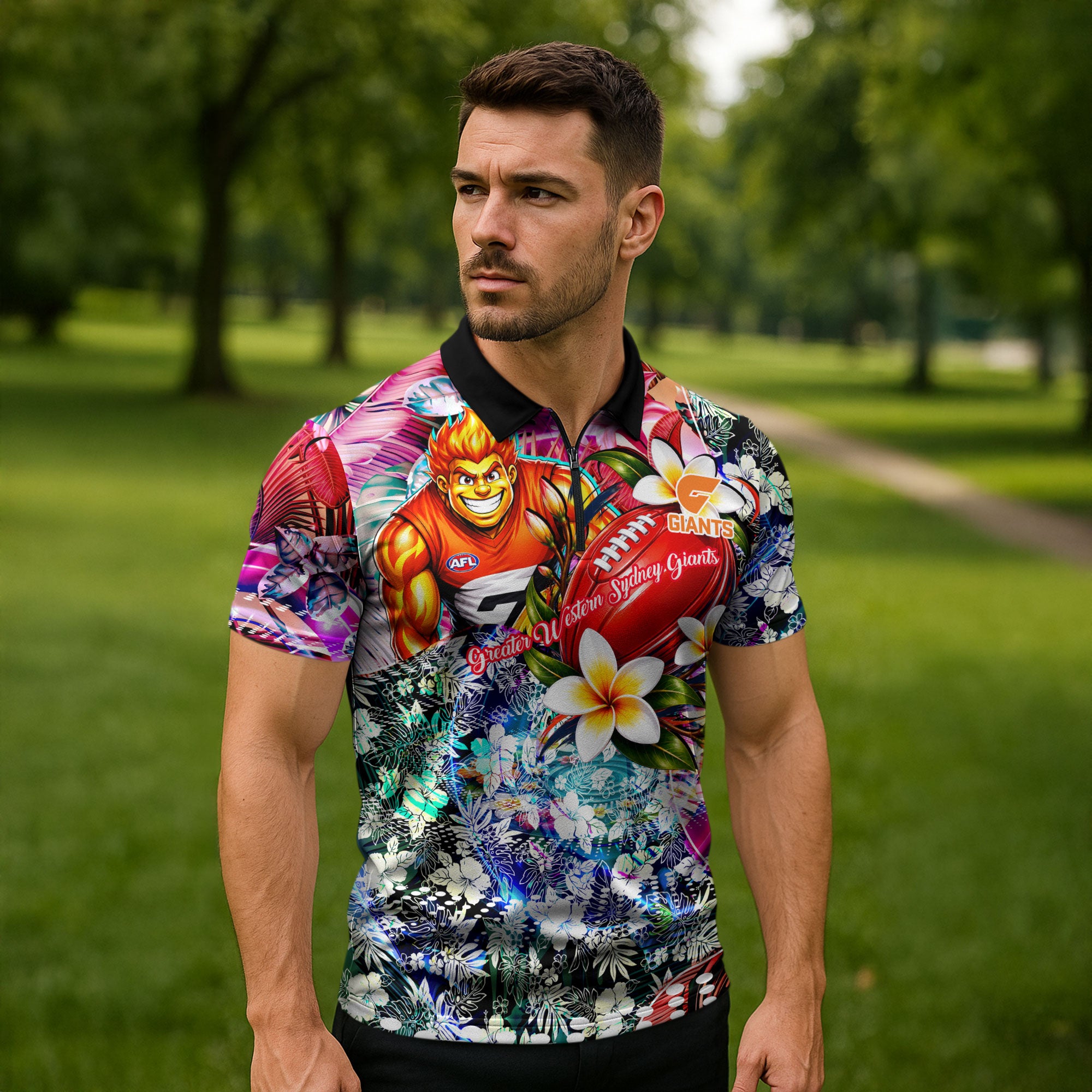 Personalized Greater Western Sydney Giants Zipper Polo Shirt Tropical Hibiscus Flowers - Pacific Fusion Style