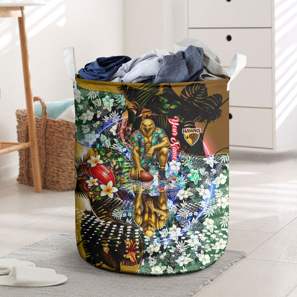 Personalized Hawthorn Football Hawks Laundry Basket Tropical Hibiscus Flowers - Pacific Fusion Style