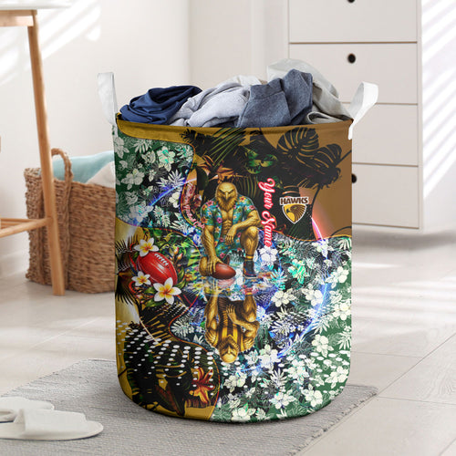 Personalized Hawthorn Football Hawks Laundry Basket Tropical Hibiscus Flowers - Pacific Fusion Style