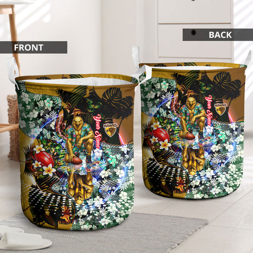 Personalized Hawthorn Football Hawks Laundry Basket Tropical Hibiscus Flowers - Pacific Fusion Style