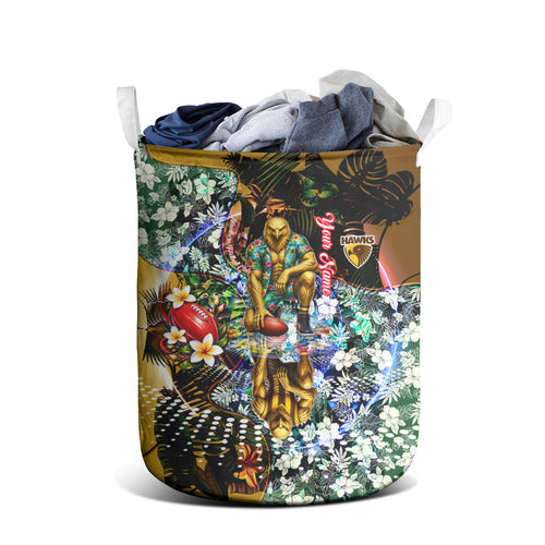 Personalized Hawthorn Football Hawks Laundry Basket Tropical Hibiscus Flowers - Pacific Fusion Style