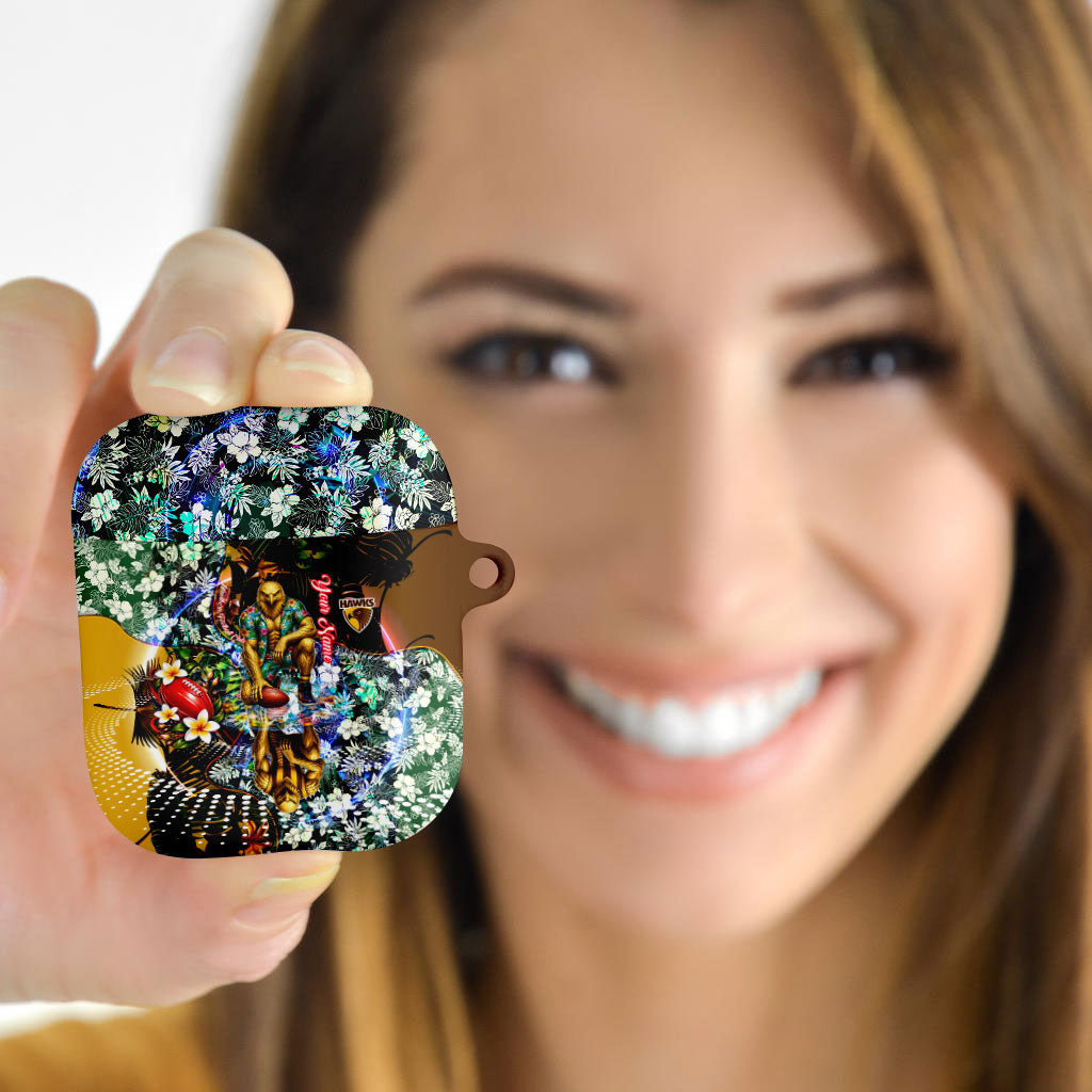 Personalized Hawthorn Football Hawks AirPods Case Tropical Hibiscus Flowers - Pacific Fusion Style