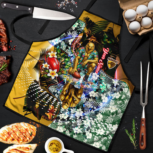 Personalized Hawthorn Football Hawks Apron Tropical Hibiscus Flowers - Pacific Fusion Style