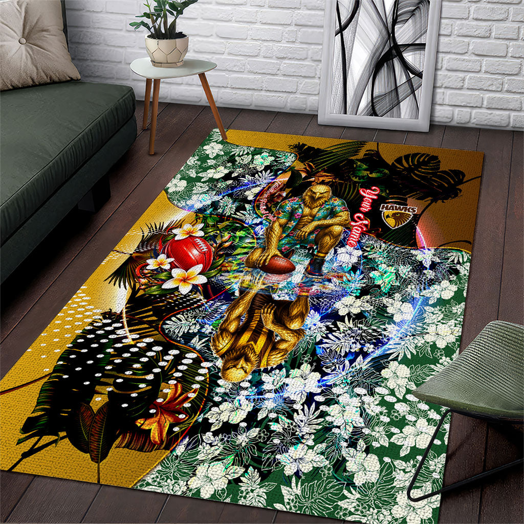 Personalized Hawthorn Football Hawks Area Rug Tropical Hibiscus Flowers - Pacific Fusion Style