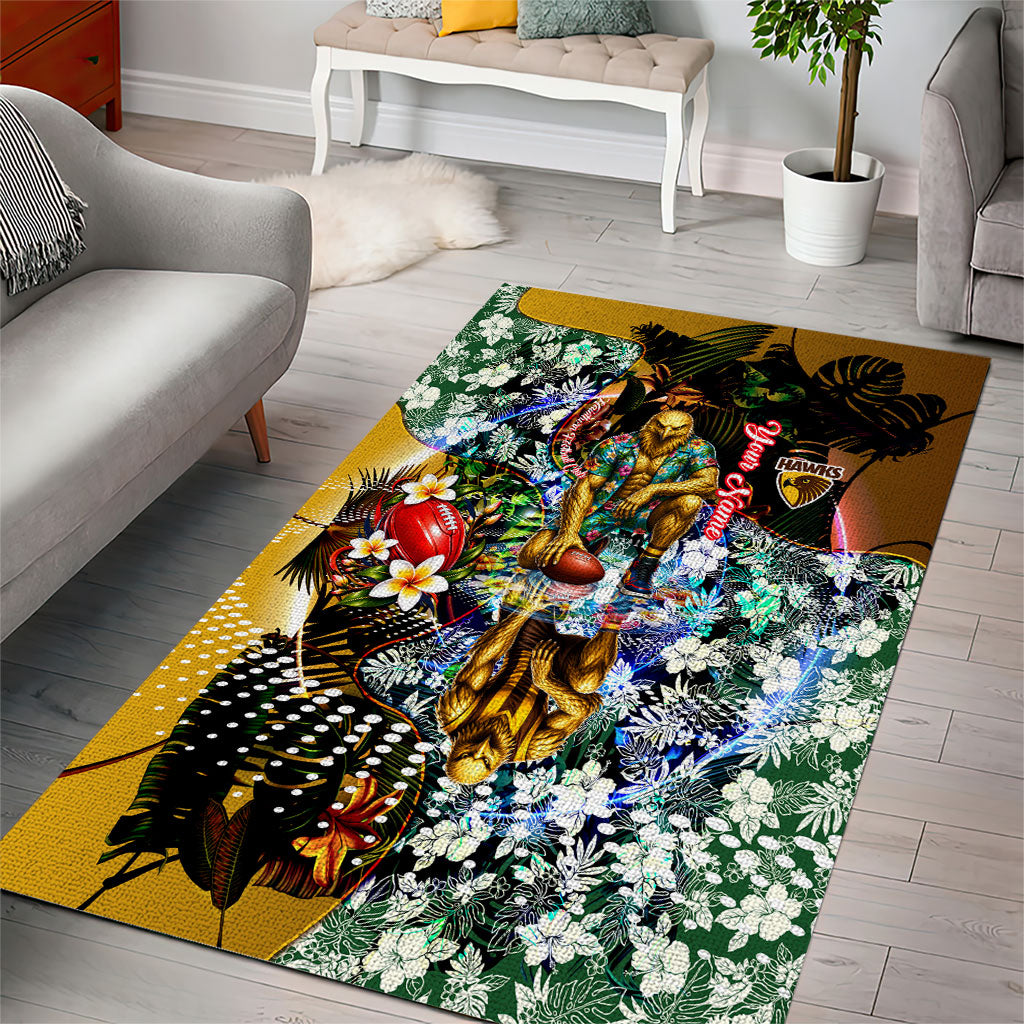 Personalized Hawthorn Football Hawks Area Rug Tropical Hibiscus Flowers - Pacific Fusion Style